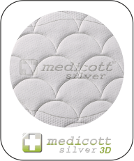 MEDICOTT SILVER 3D * Potah * Složení: 14% vlákno Medicott vortex, 58% polyester, 28% bavlna, potah prošitý s klimatizační výplní, PES vláknem 300 gr / m2 MEDICOTT SILVER 3D * Potah * Složení: 14% vlákno Medicott vortex, 58% polyester, 28% bavlna, potah prošitý s klimatizační výplní, PES vláknem 300 gr / m2